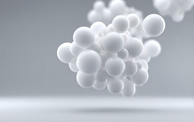 Cluster of molecule spheres floating in lower corner on soft gray-to-white background with negative space,