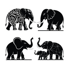 Set of Decorative Elephant Vector Icons in Various Artistic Styles