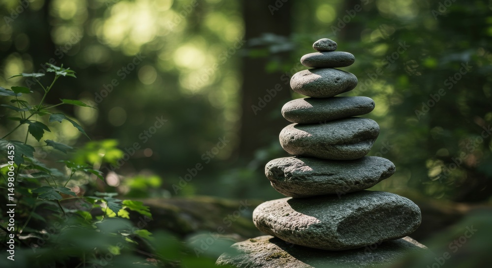 Poster balanced rocks in nature - a stack of grey rocks balanced precariously in a serene forest setting. t