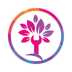 Fototapeta premium Wrench leaf vector logo design template. Repair service leaf nature logo design.