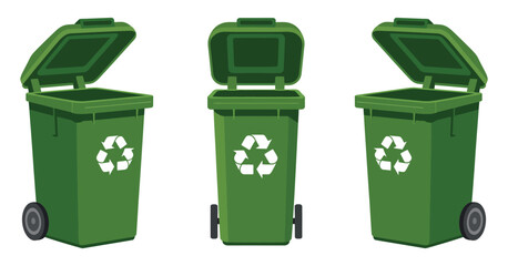 Three Green Recycling Bins with Open and Closed Lids for Waste Disposal and Recycling Programs