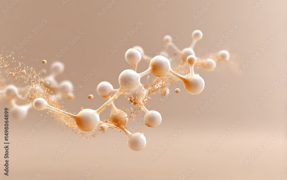Poster digital molecule schematic dissolving near top right on pale beige solid backdrop with wide negative