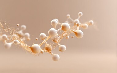 Digital molecule schematic dissolving near top right on pale beige solid backdrop with wide negative space,