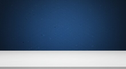 Blue Wall White Tabletop Background - Clean white tabletop against a textured dark blue wall background. Perfect for product displays or presentations