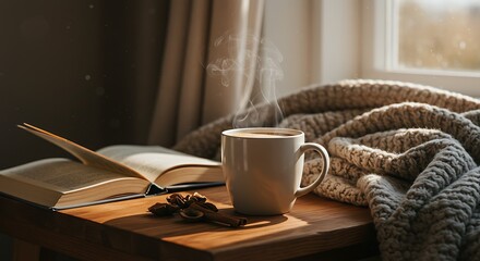 Cozy Morning Coffee with Book and Sunlight on Wooden Table

