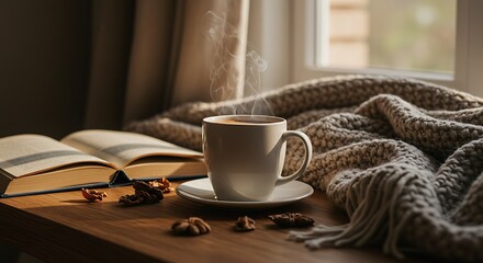 Cozy Morning Coffee with Book and Sunlight on Wooden Table


