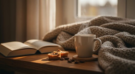 Cozy Morning Coffee with Book and Sunlight on Wooden Table

