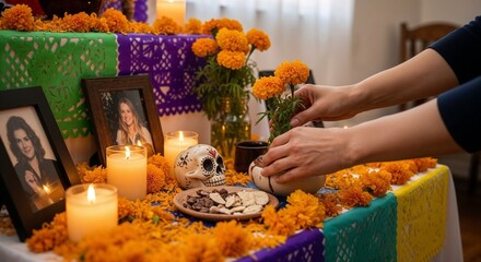 Colorful Day of the Dead altar with candles, marigold flowers, framed photos, sugar skull, food offerings, and hands arranging tribute
