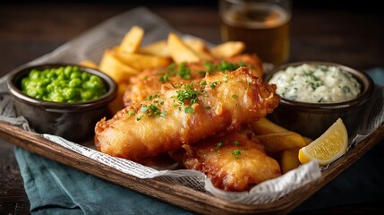 Classic fish and chips served with peas and tartar