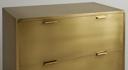 Brushed Brass Cabinet Three Drawer Storage Unit - Modern minimalist design, brushed brass finish, three drawers, sleek lines, simple elegance. Symbolizes sophistication, functionality, organization