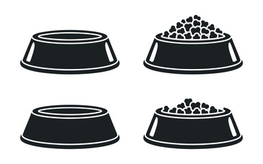 Empty and Full Pet Food Bowls Set Simple Black Icons Illustration