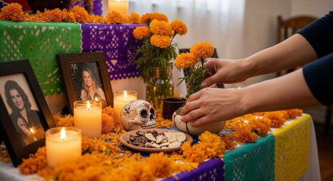 Colorful Day of the Dead altar with candles, marigold flowers, framed photos, sugar skull, food offerings, and hands arranging tribute