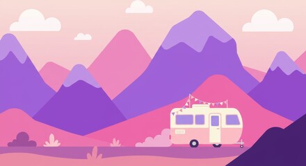 Camper Van Adventure in Pastel Mountains - A flat illustration of a pink camper van traveling through stylized pastel purple and pink mountains. Symbolizing adventure, freedom, travel, exploration