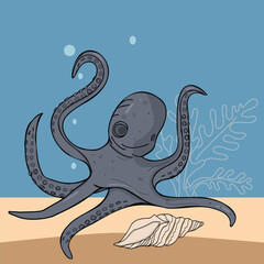 a drawing of an octopus swimming in the ocean. It also has corals, seaweed, and shells in the water. The theme is the ocean.