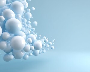 Floating molecular spheres clustered near top left on pale blue solid background with ample copy space,