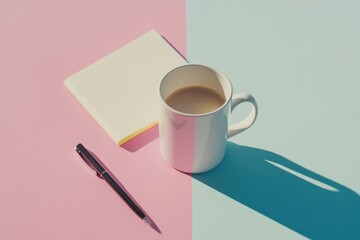 Minimalist coffee cup and notepad on pastel desk background, creative workspace concept