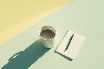 Minimalist coffee cup and notepad on pastel desk background, creative workspace concept