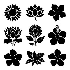 Obraz premium A collection of nine black floral silhouettes, including roses, hibiscus, lotus, sunflowers, and daisies, arranged in a grid on a white background, showcasing diverse flower shapes and styles.