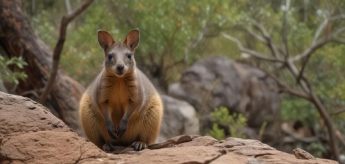 Rock wallaby in natural Queensland habitat, alert and watchful, active, animal