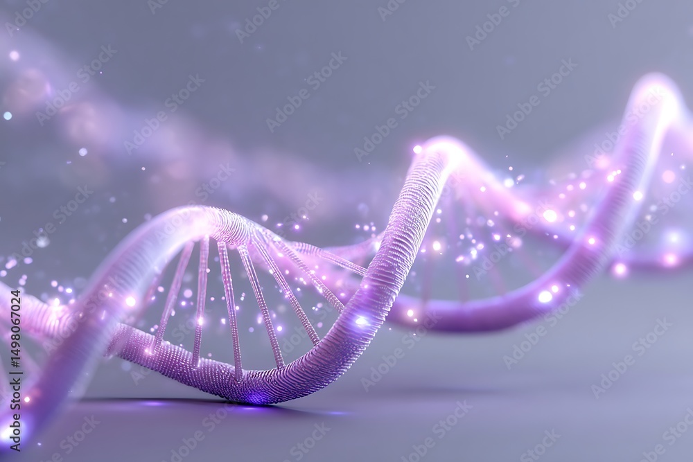 Poster glowing dna helix strands softly arranged near bottom right on muted lavender gradient with clean em