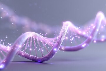 Glowing DNA helix strands softly arranged near bottom right on muted lavender gradient with clean empty margins,