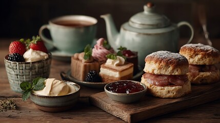 Elegant afternoon tea set on a rustic wooden table