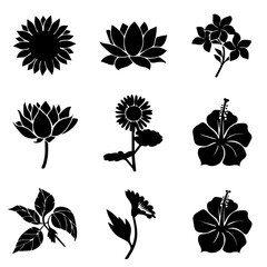 A collection of nine black floral silhouettes, including roses, hibiscus, lotus, sunflowers, and daisies, arranged in a grid on a white background, showcasing diverse flower shapes and styles.