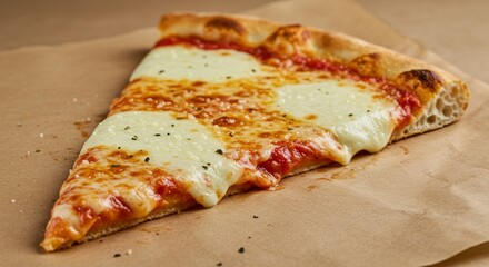 Delicious Cheese Pizza Slice - A single slice of cheese pizza on parchment paper. Melted mozzarella cheese, tomato sauce, and a crispy crust