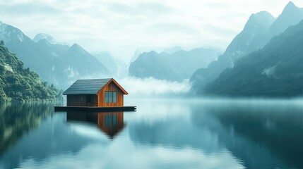Obraz premium House floating on still lake water reflecting mountains in foggy landscape.