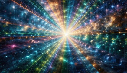 Fototapeta premium Vibrant Abstract Light Burst in Digital Space with Cosmic Colors