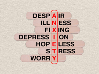 concept word anxiety, crossword written on wooden stick, business anxiety concept with copy space