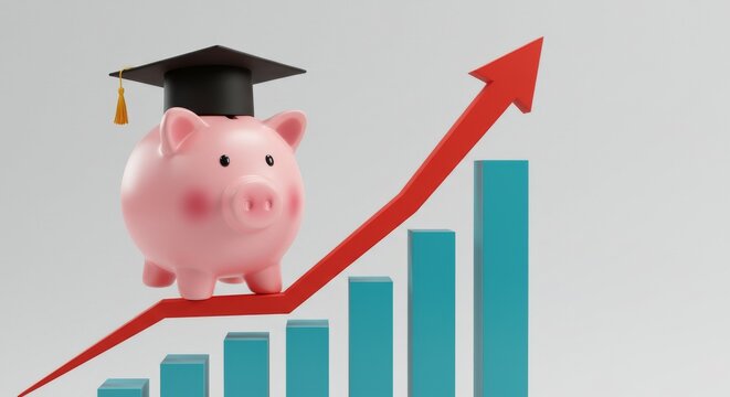 Education Investment Growth - Piggy bank with graduation cap on upward trending bar graph, symbolizing increasing education costs and investment returns