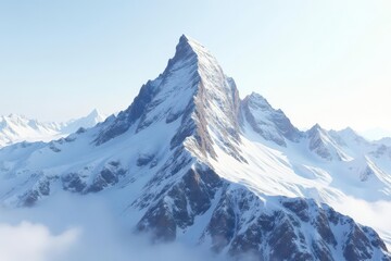 Snow covered mountain peak against a bright white sky , cliffs, minimal, horizon