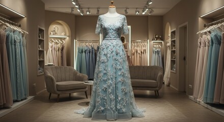 Elegant Light Blue Lace Gown in Bridal Shop - A stunning light blue lace gown displayed in a sophisticated bridal shop setting. Perfect for weddings or special events