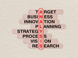 concept word analysis, crossword written on wooden stick, business analysis concept with copy space