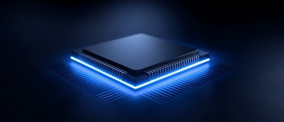 Microchip glowing on smooth matte surface, centered over dark navy blue background with open margins,