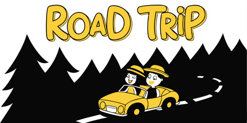 Cartoon road trip illustration with car and travelers against a mountain background