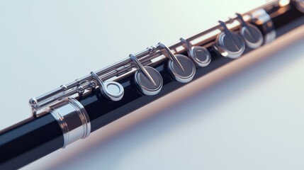 Naklejka premium A close-up of a sleek, black flute highlighting its silver keys and smooth body.