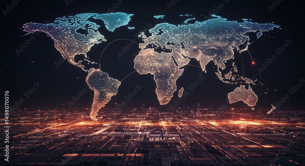 Poster global network connections - illuminated world map depicting global interconnectedness and infrastru