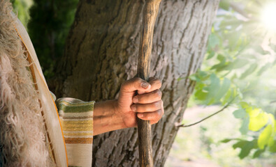 Man's hand with old cane