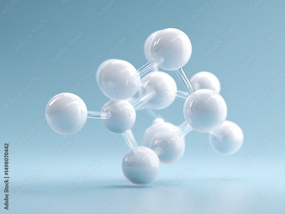 Poster minimal molecule links floating near bottom left on pale blue solid backdrop with ample negative spa