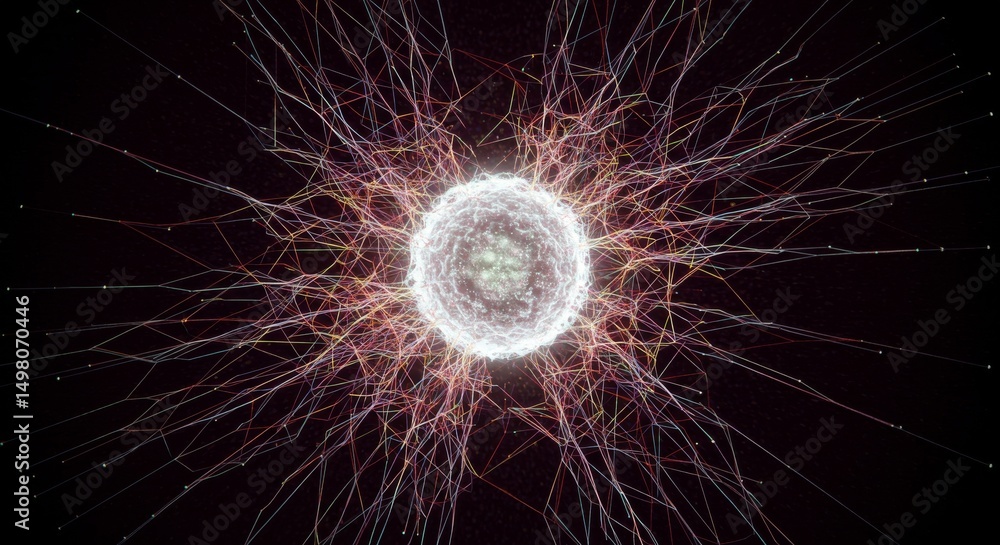 Poster glowing sphere network design - abstract network design with a glowing sphere at the center, symboli