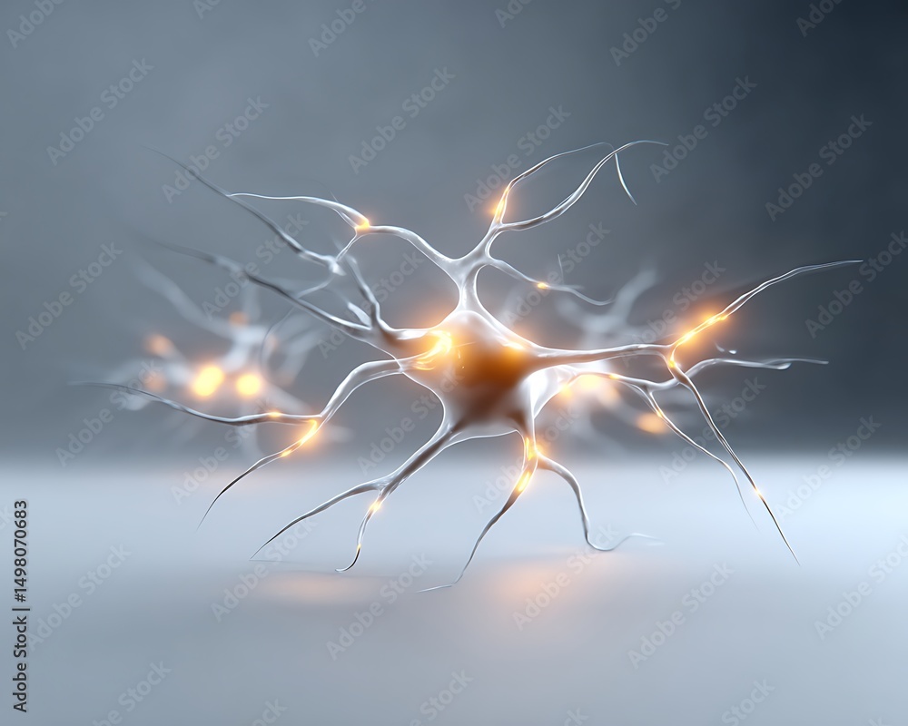Poster minimalist neuron cluster with glowing connections placed on smooth gray background, spacious layout