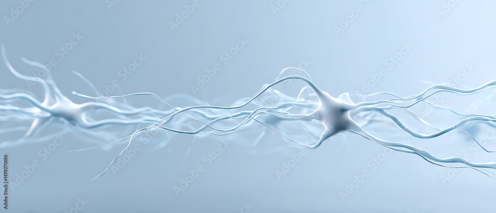 Poster minimalistic neuron strands extending across bottom half of frame on pale sky-blue background, ample