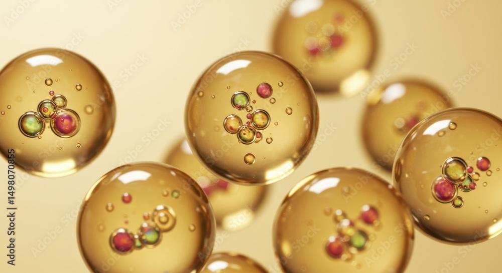 Poster golden spheres with internal particles - microscopic view of golden spheres containing colorful part