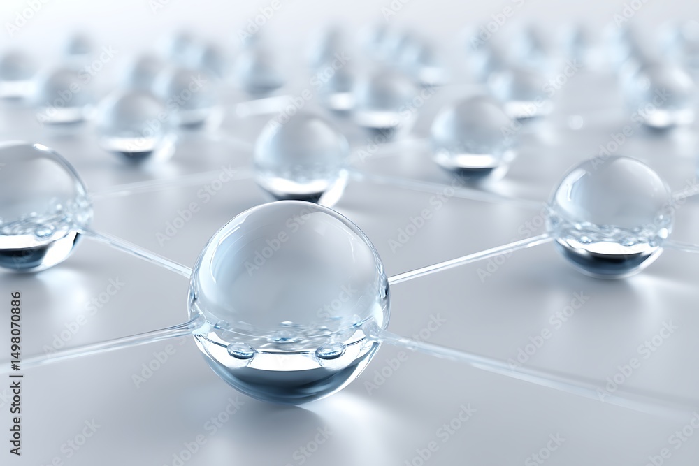 Poster molecular grid pattern made of glass spheres with subtle reflections on a smooth lab surface, minima