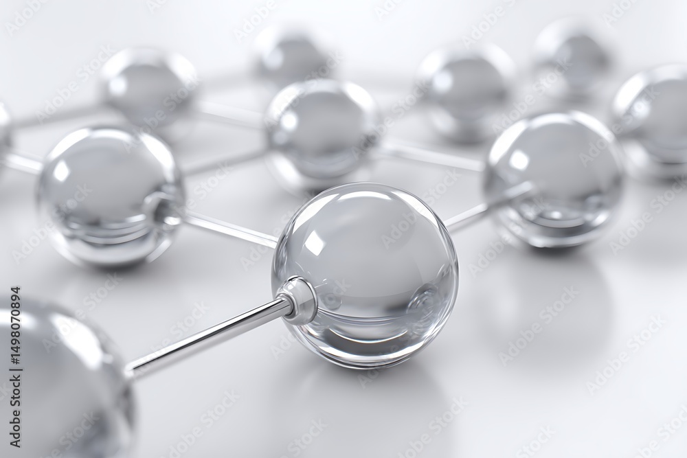 Poster molecular grid pattern made of glass spheres with subtle reflections on a smooth lab surface, minima