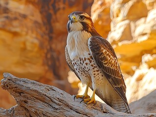 Hawk perched on a branch in a rugged canyon landscape