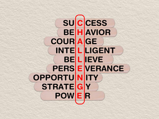 concept word challenge, crossword written on wooden stick, business challenge concept with copy space