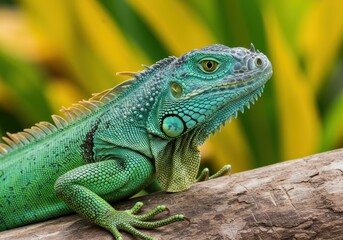 Close-up shot of a vibrant green iguana perched on a weathered tree branch.